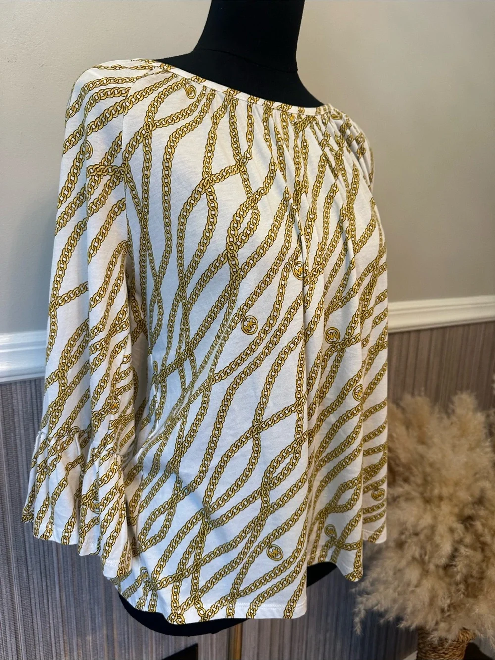 Michael Kors Chain Print Bell Sleeve Top White Gold Modal Blend Size Large